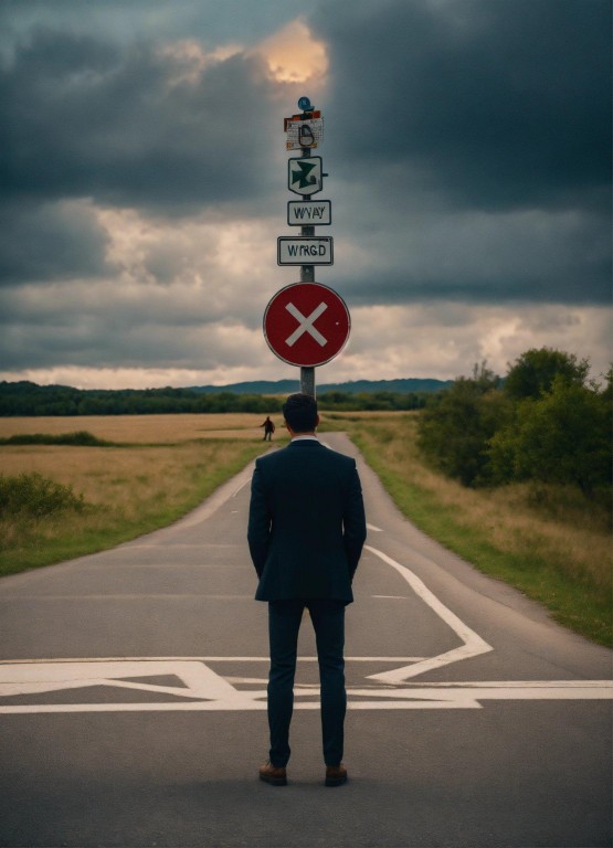 a man standing on a crossroads a right and a wrong